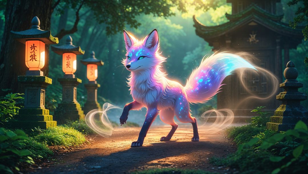 Mystical Glowing Fox on Enchanted Path with Stone Lanterns