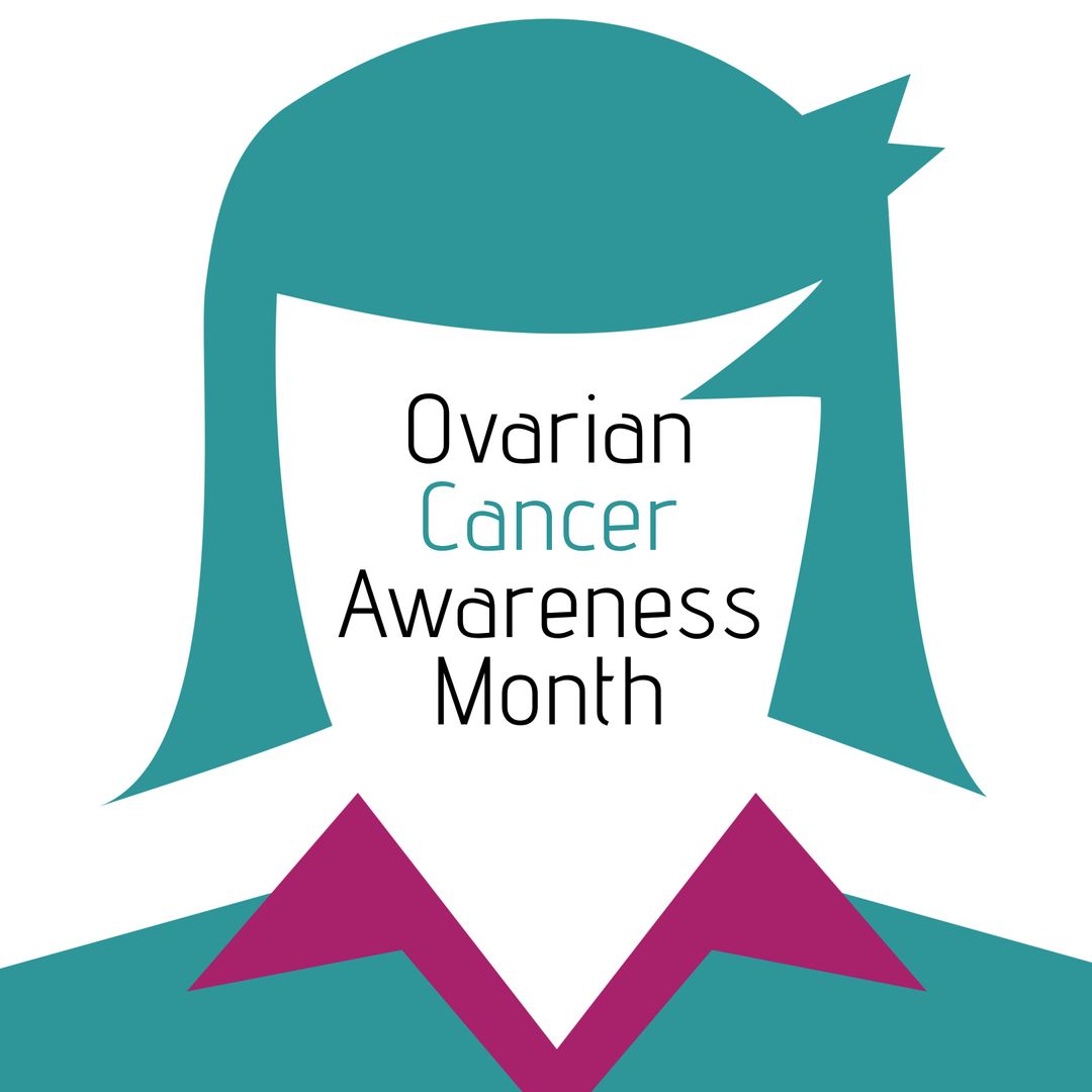 Ovarian Cancer Awareness Month Graphic with Teal and Maroon Colors
