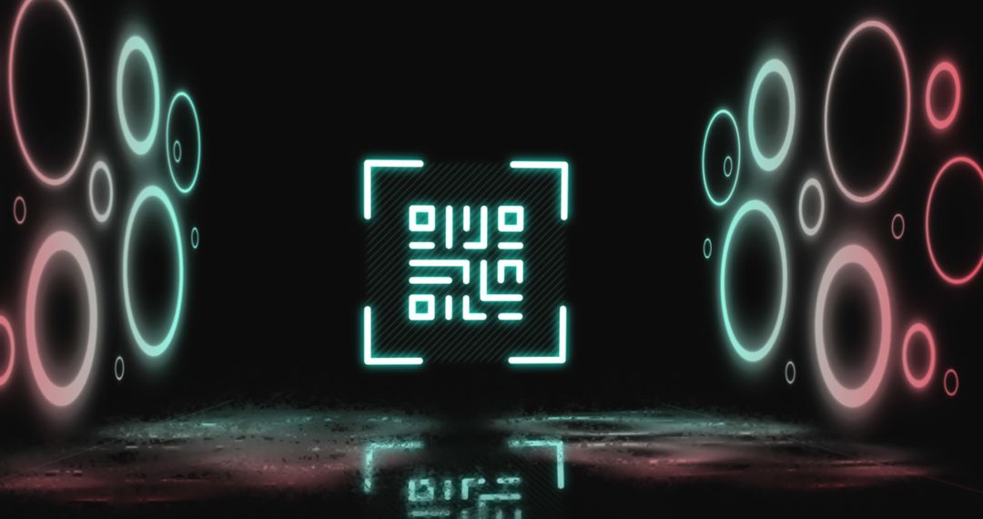 Futuristic Neon QR Code and Circular Patterns in Dark Concept