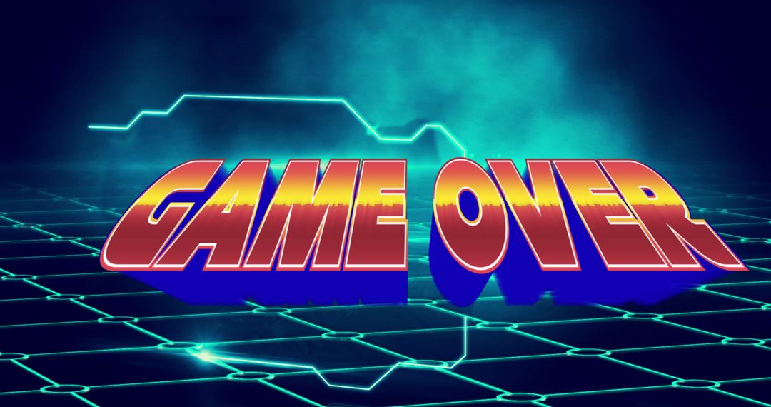 Retro Game Over Screen with Neon Grid Background