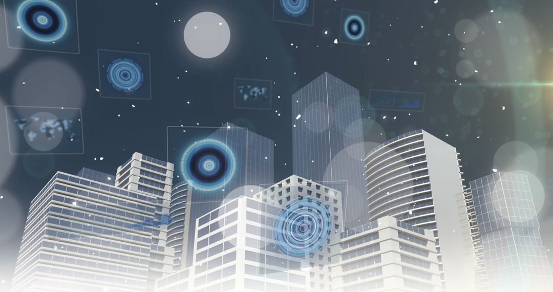 Digital Security Icons Floating Over Futuristic Cityscape