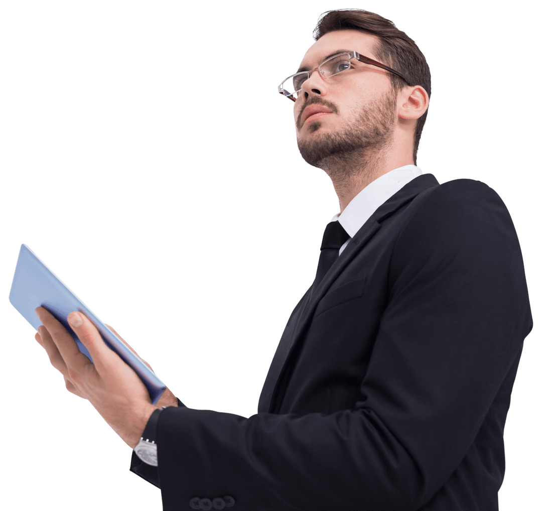 Confident Businessman Using Tablet in Transparent Background
