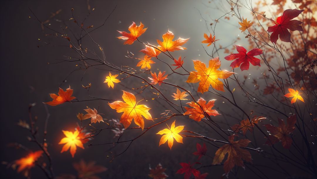 Mystical Autumn Foliage with Glowing Maple Leaves in Misty Forest