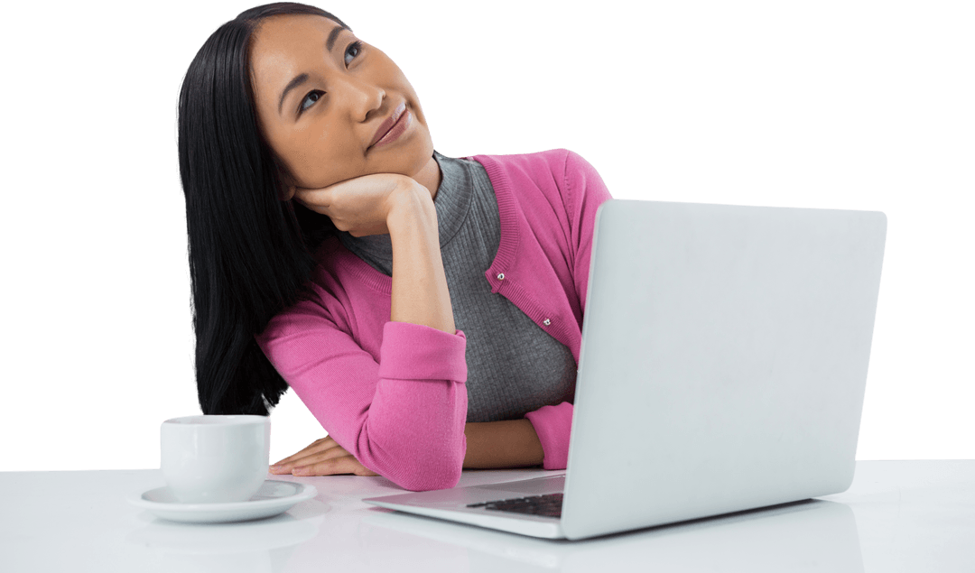 Transparent Background: Female Executive with Laptop Dreamily Looking Up