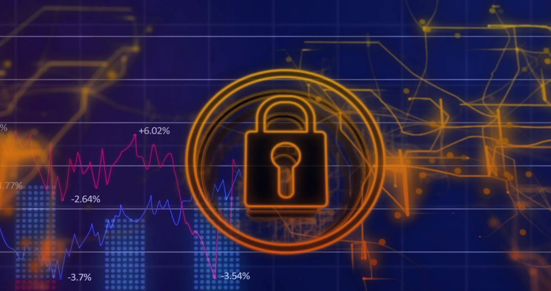 Neon Padlock on Financial Charts Representing Cybersecurity, Encryption, Data Protection
