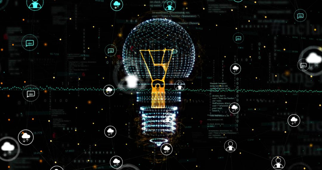 Digital Lightbulb with Media Icons and Global Network