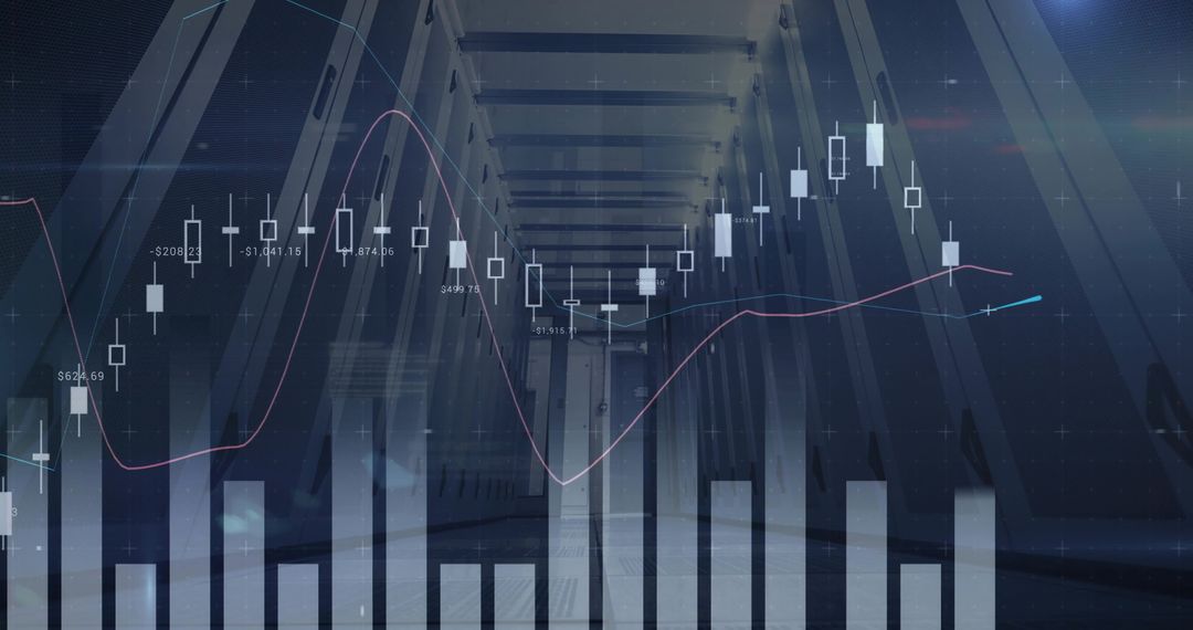Projecting Financial Charts Over Modern Architectural Corridor With Candlestick Graphs