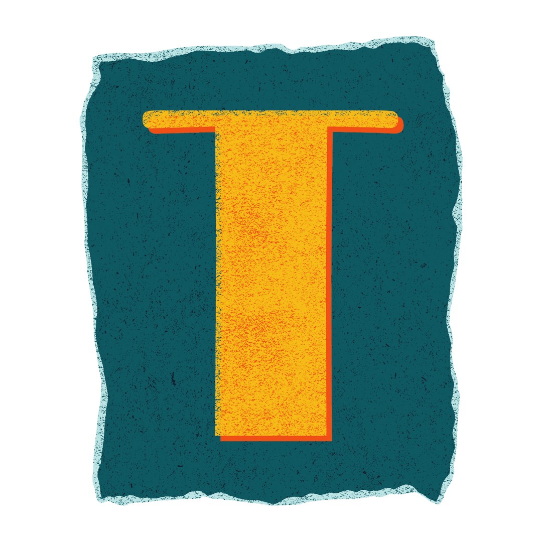 Gritty Vintage Letter T on Teal Panel with Transparent Background