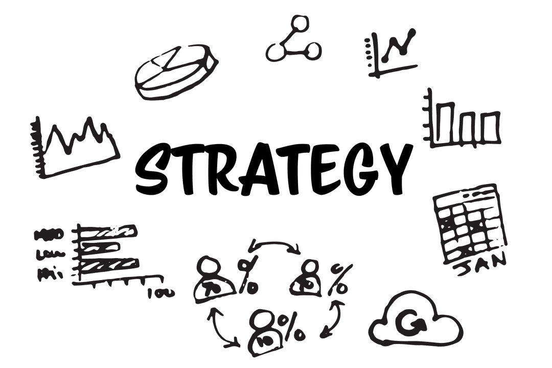 Black Strategy Text with Business Icons on Transparent Background