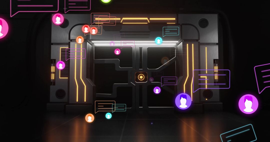 Futuristic Cyber Room with Floating Social Media Icons