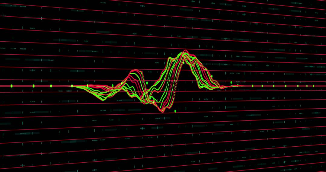 Neon Waveform Cluster Oscillating on Dark Grid with Circular Data Nodes and Spectrum Depth