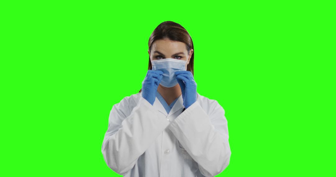 Female Doctor Adjusting Face Mask Wearing White Lab Coat Against Green Background - Free Images, Stock Photos and Pictures on Pikwizard.com