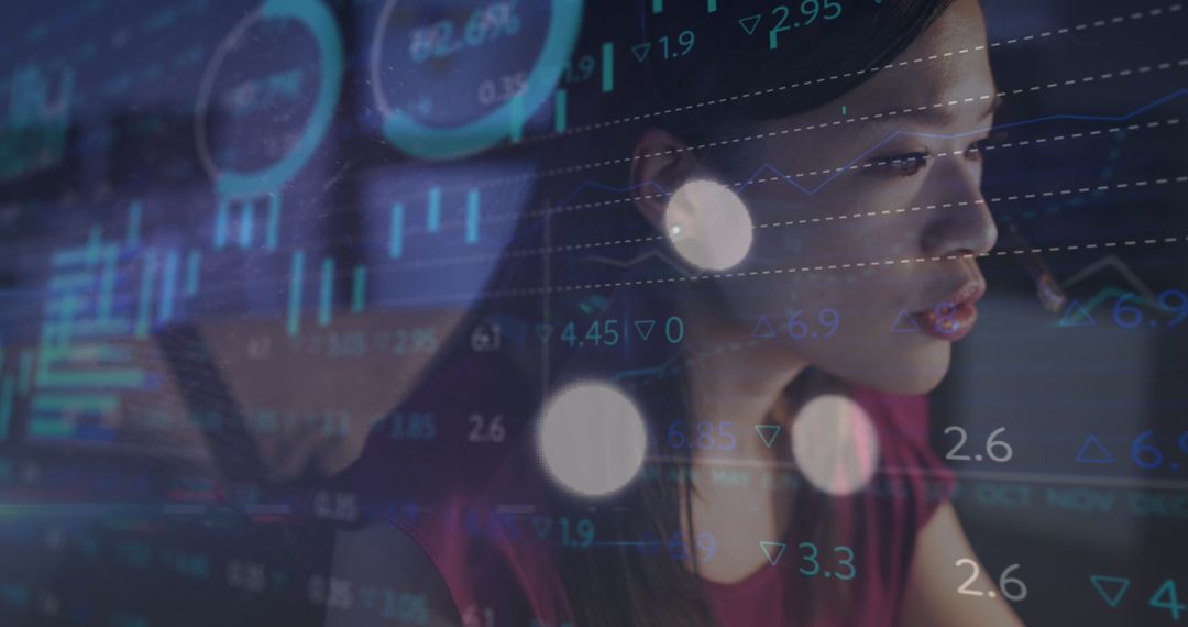 Businesswoman Analyzing Data with Digital Financial Metrics Overlay