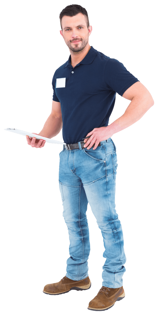 Transparent Man Holding Clipboard Smiling Confidently