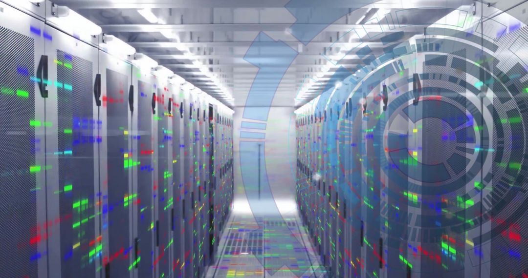 Server Room with Digital Data Overlay in High-Tech Environment