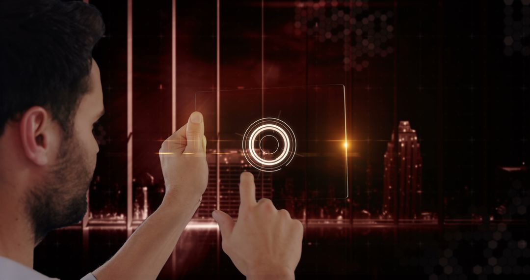 Man Interacting with Futuristic Digital Interface at Night