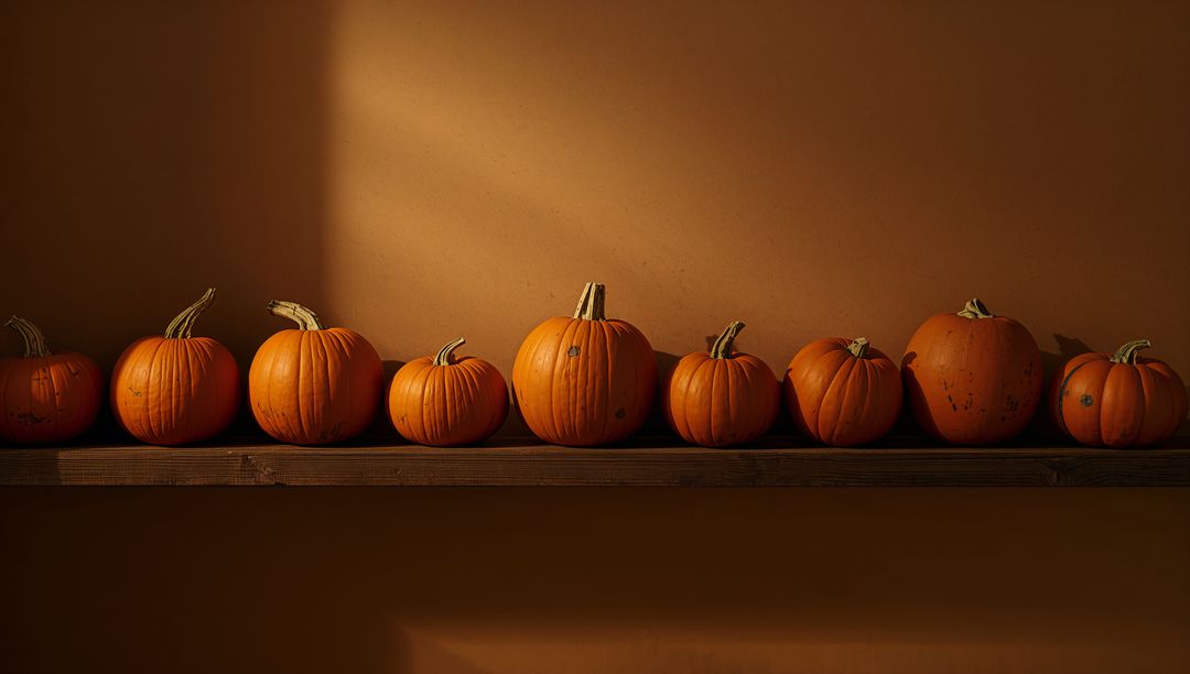 Row of Small Pumpkins on Rustic Shelf Bathed in Warm Autumn Light