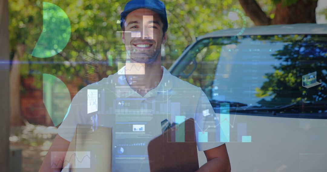 Smiling Delivery Worker Holding Packages in Digital Tech World - Free Images, Stock Photos and Pictures on Pikwizard.com