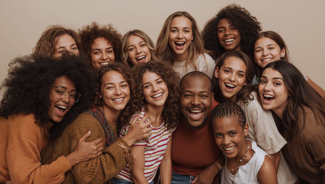 Smiling diverse group hugging and leaning in for warm inclusive lifestyle portrait