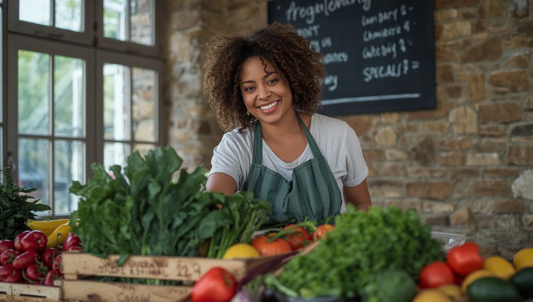 Friendly Market Vendor with Fresh Produce in Rustic Setting