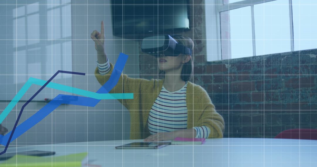 Woman Using Virtual Reality Headset Analyzing Data in Modern Office