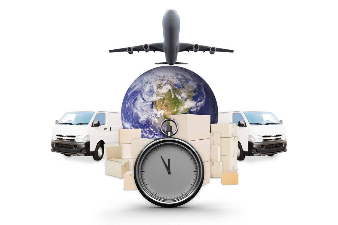 Transparent Digital Illustration of Global Shipping with Trucks, Plane, and Clock - Download Free Stock Images Pikwizard.com