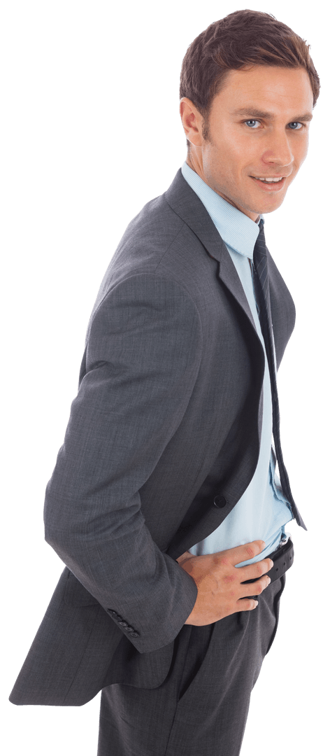 Confident Businessman Smiling with Hands on Hips in Suit, Isolated Transparent Background