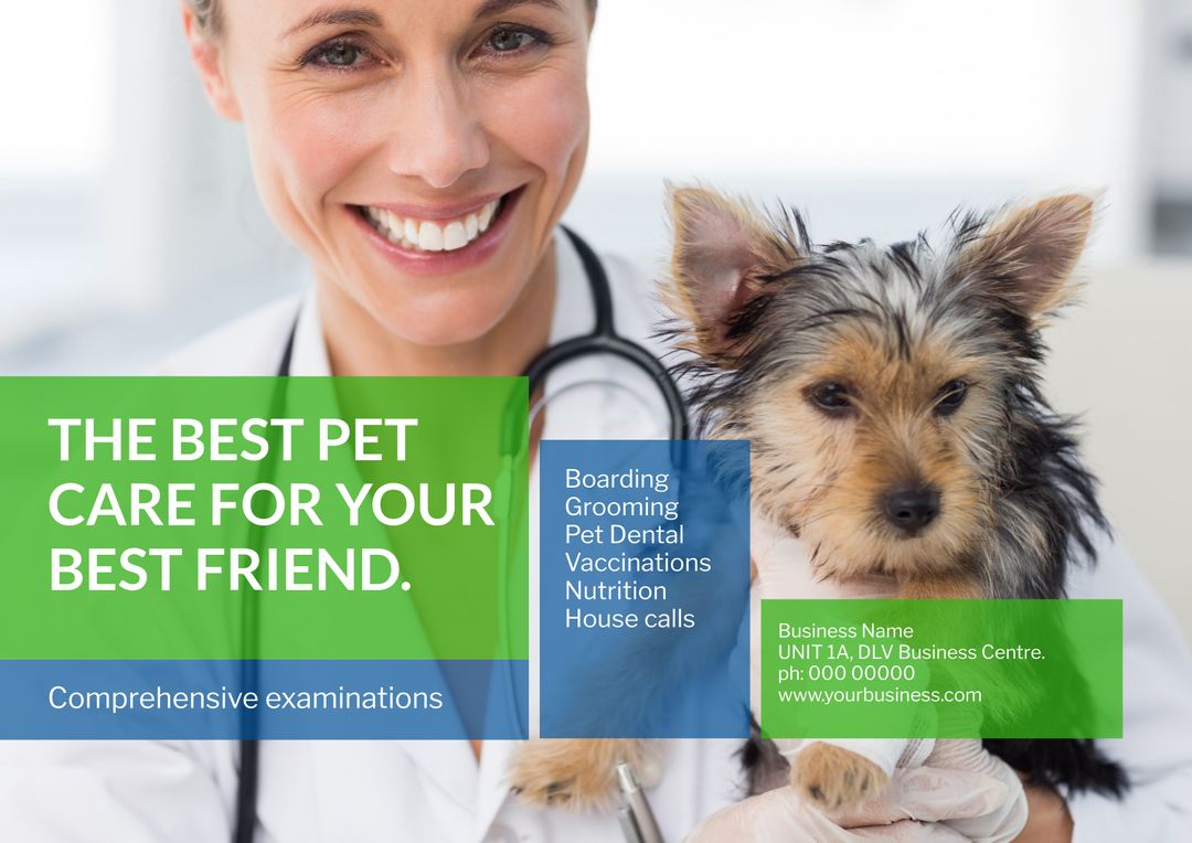 Promoting veterinary services, a smiling vet holding a cute dog highlights compassionate pet