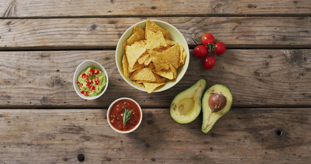 Image of tortilla chips, guacamole and salsa dip on a wooden surface - Free Images, Stock Photos and Pictures on Pikwizard.com