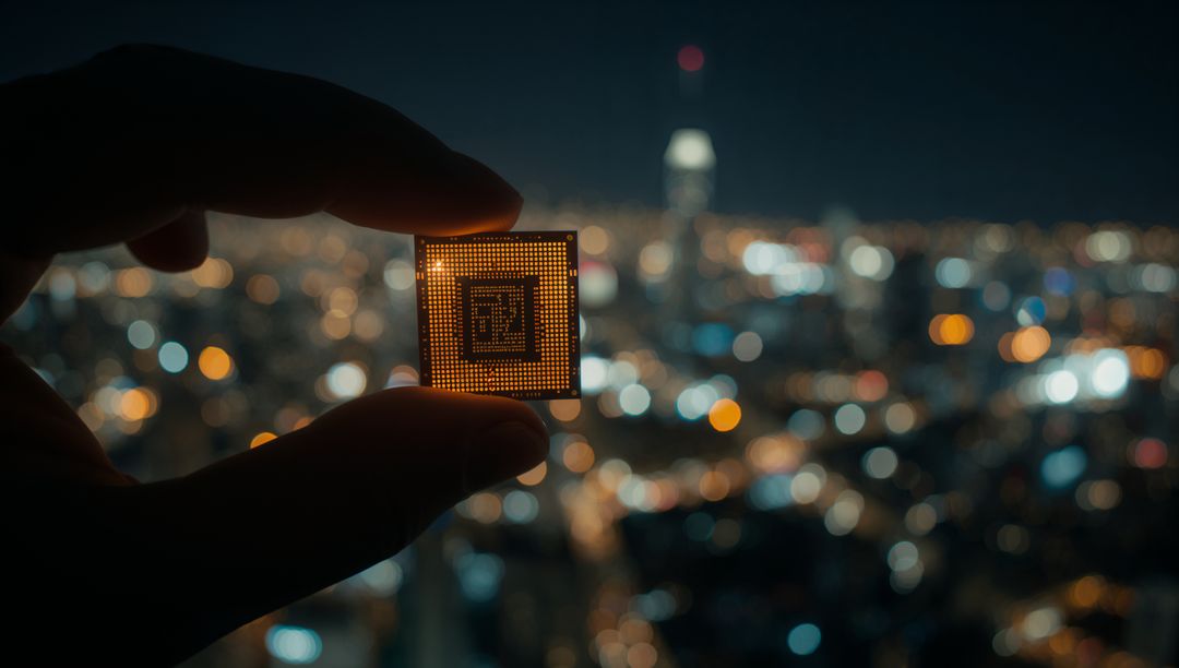 Hand Holding Microchip Against Blurred City Skyline