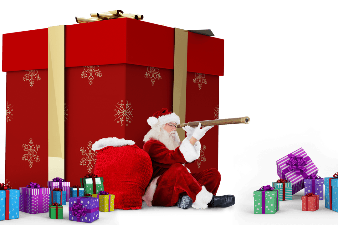 Transparent Santa with Telescope Searching Around Christmas Gifts