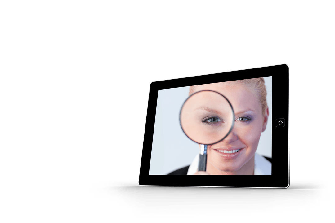 Transparent Tablet Showing Businesswoman with Magnifying Glass
