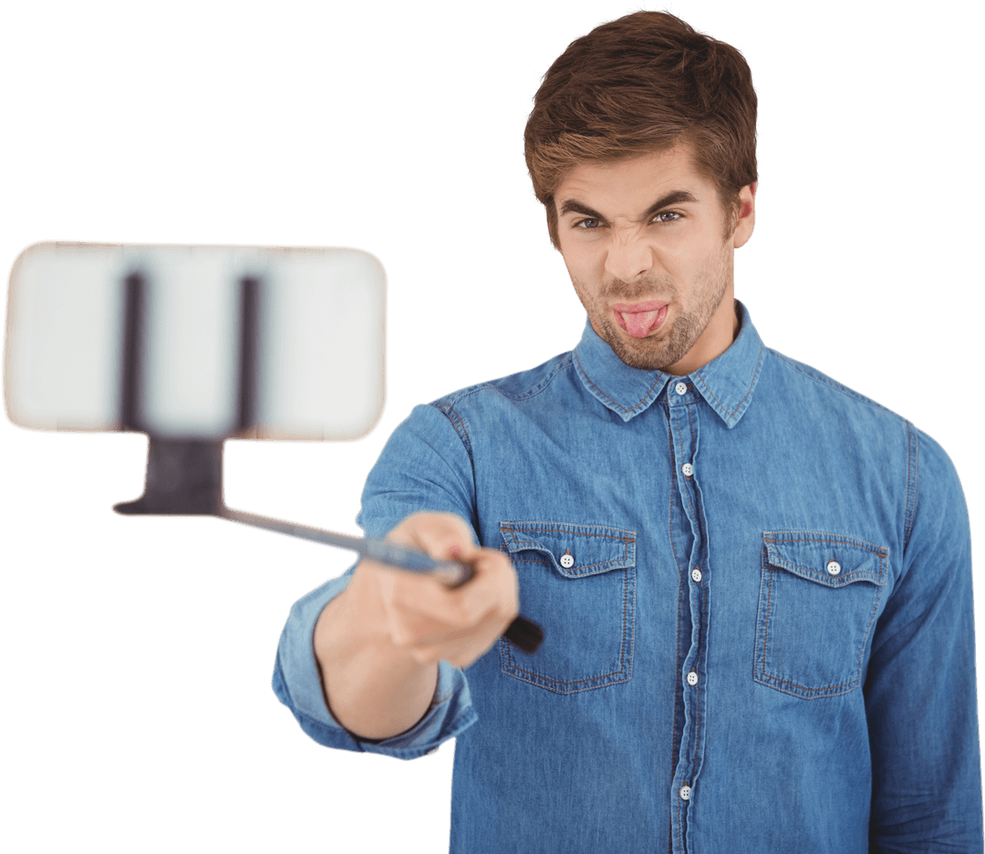 Hipster Man in Denim Taking a Fun Selfie with Transparent Background