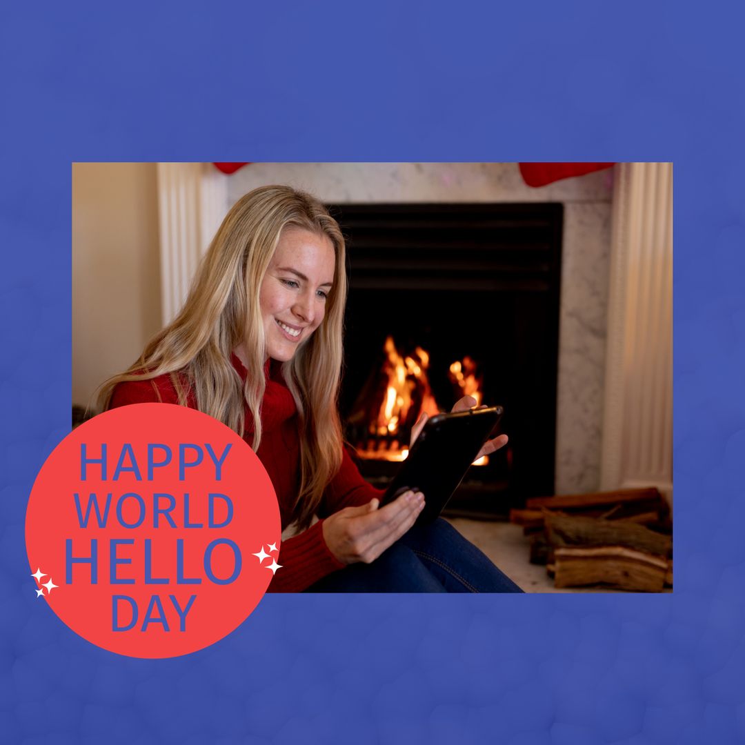World Hello Day Celebration with Woman Using Tablet by Fireplace