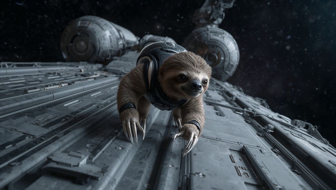 Spacefaring sloth clinging to starship hull crawling in futuristic exosuit