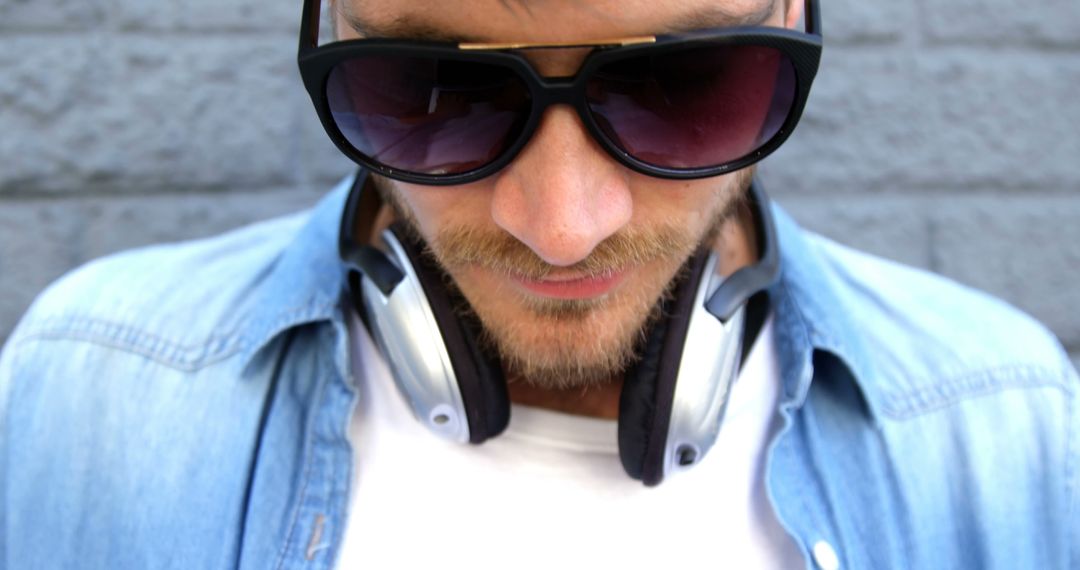 Stylish Man with Headphones Wearing Sunglasses Against Brick Wall - Free Images, Stock Photos and Pictures on Pikwizard.com