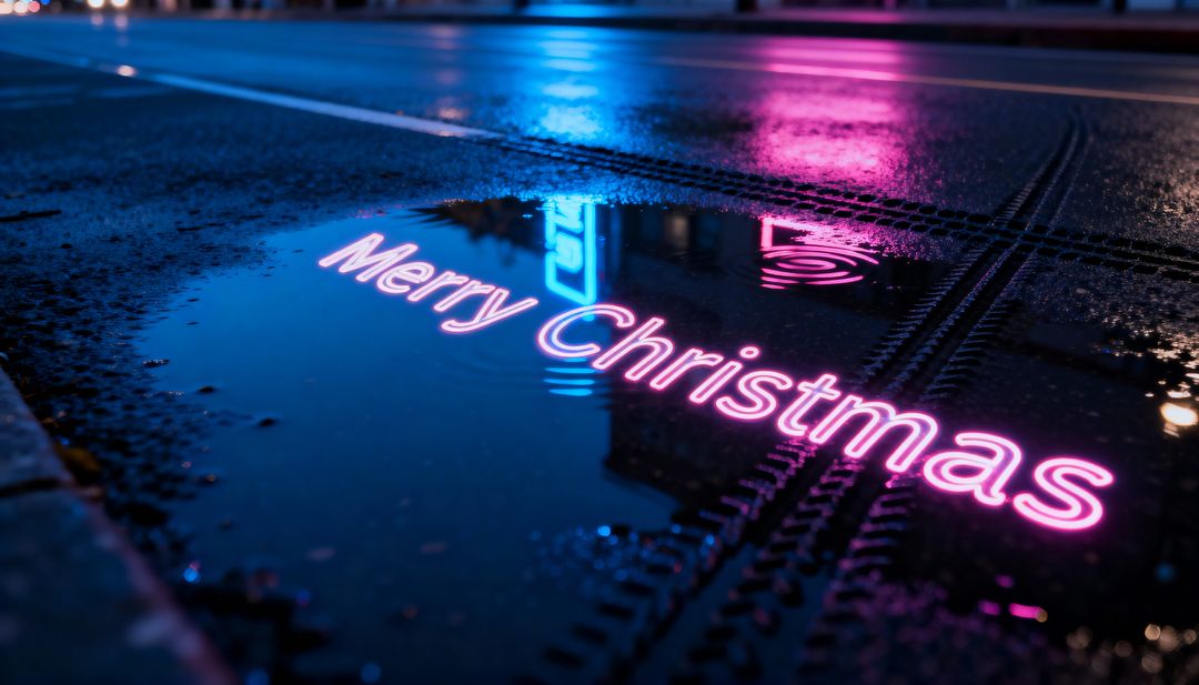 Neon Merry Christmas Reflecting in Rain Puddle on Wet Urban Road with Tire Tracks
