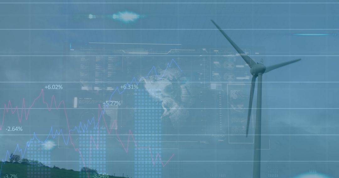 Wind Turbine and Digital Infographics Representing Renewable Energy