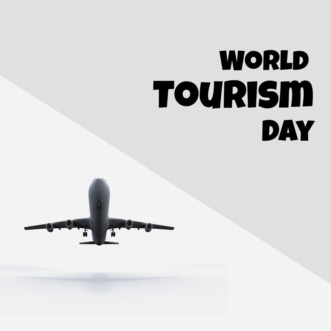 Digital composite image of flying airplane with world tourism day text, copy space - Download Free Stock Templates Pikwizard.com