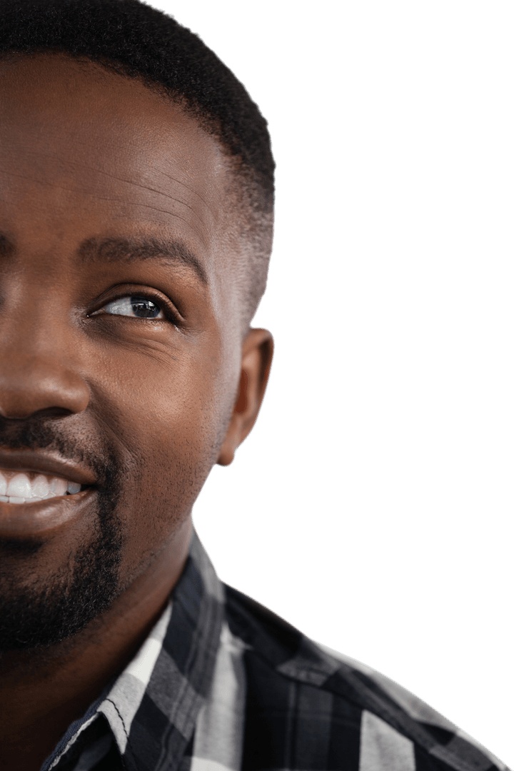 Close-Up Portrait of Smiling Man Looking Away on Transparent Background