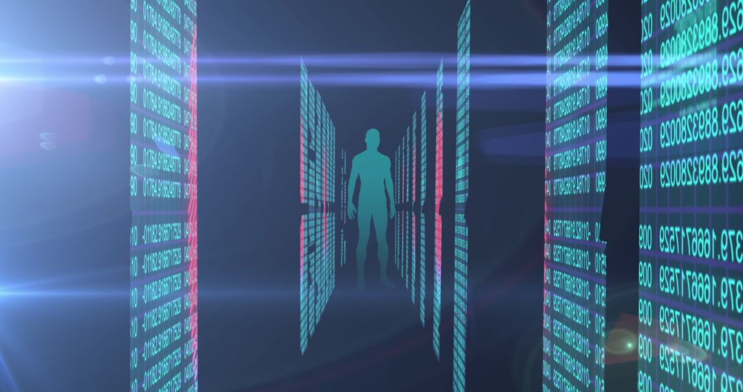 Digital silhouette in virtual binary data corridor