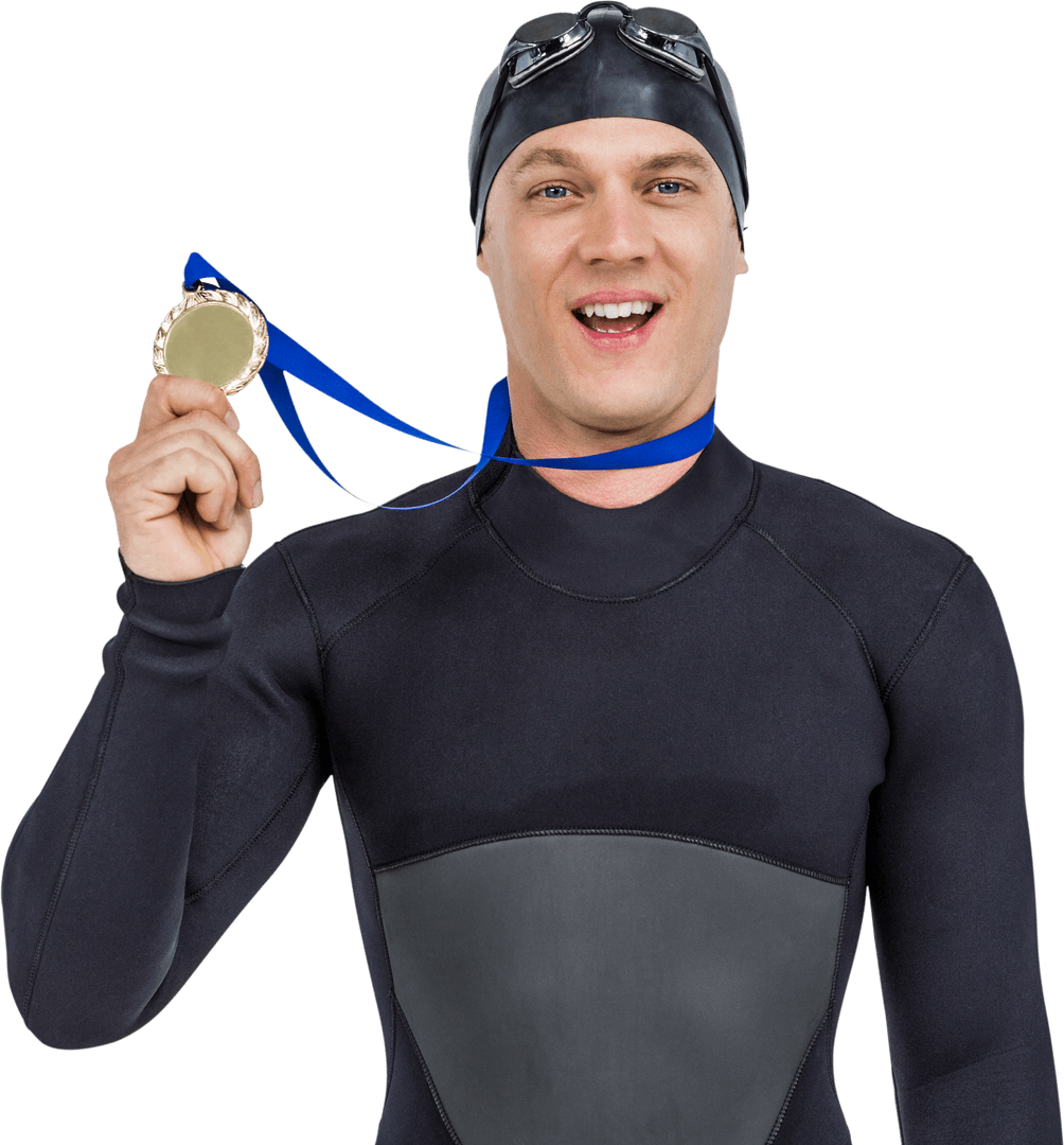 Swimmer Proudly Displaying Gold Medal on Transparent Background