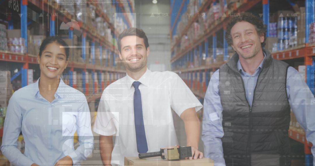 Warehouse Team with Digital Interface for Global Shipping and Data Processing