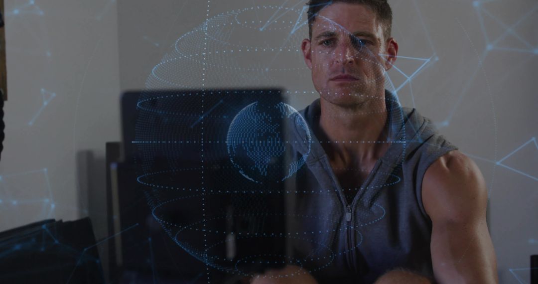 Man Engaging with Holographic Network Interface in Modern Office