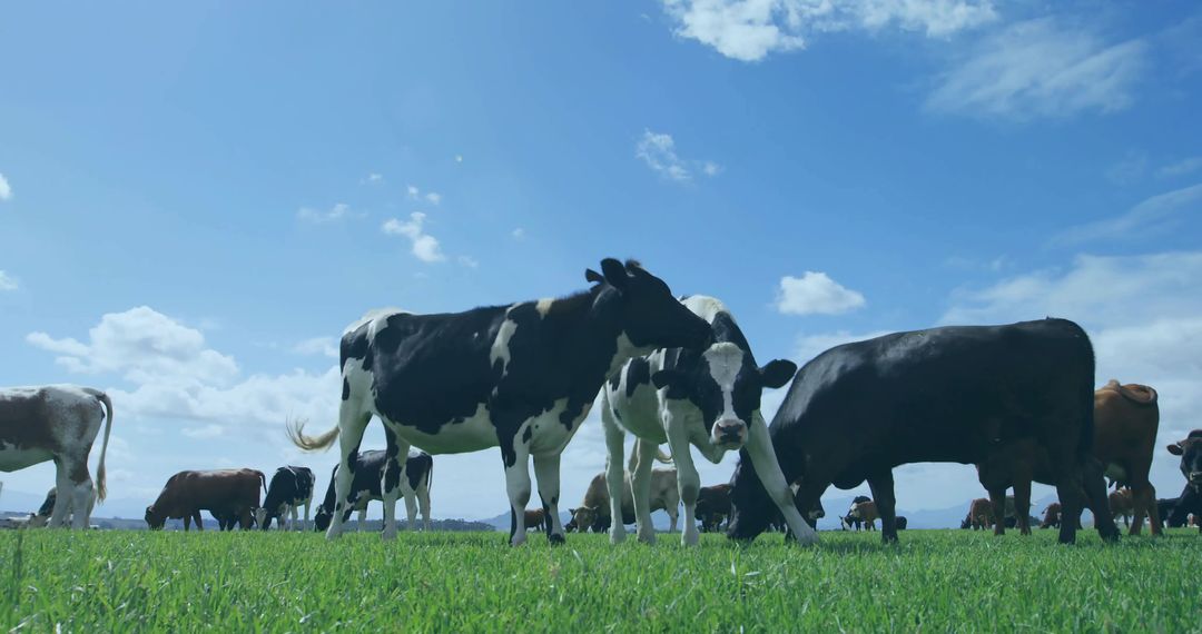 Grazing Holstein and Beef Cattle on Lush Green Pasture Under Blue Sky and Scattered Clouds