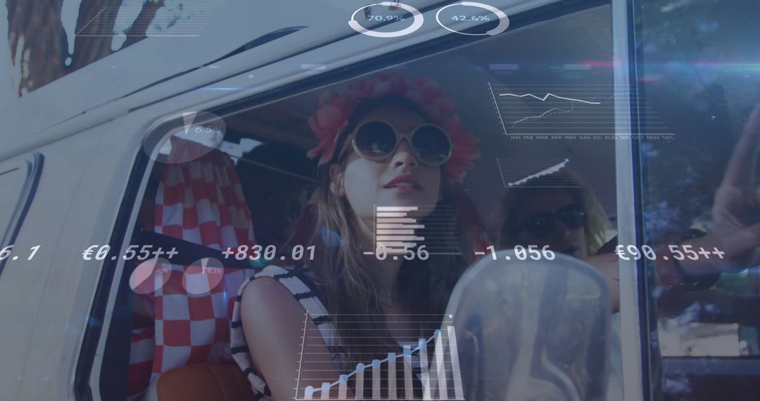 Digital Data Interface Overlay on Road Trip Adventure