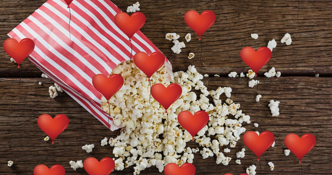 Popcorn Celebration with Heart Icons on Wooden Table