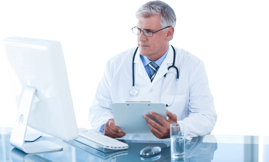 Transparent Medical Professional Using Computer and Clipboard