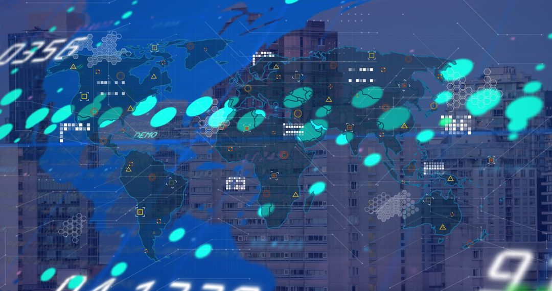 Global Business and Data Processing Overlay on Cityscape