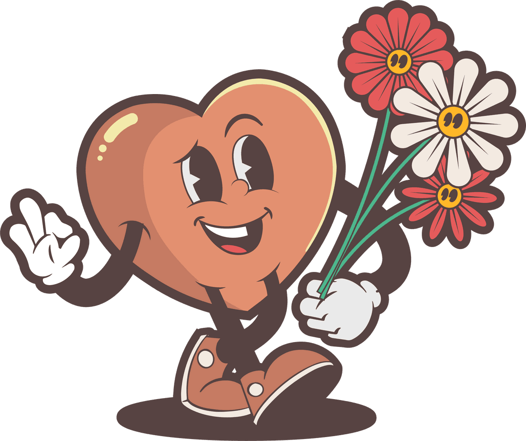 Playful Heart Character Holding Flowers with Transparent Background